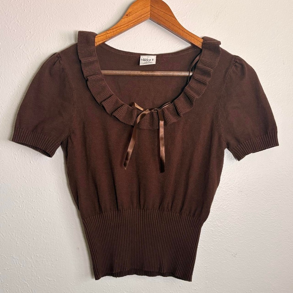 Nikka K Coquette Blouse Ruffle Ribbon Bow Chocolate Brown Size M‎ Milkmaid